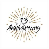 13 years anniversary retro vector emblem isolated template. Vintage logo with ribbon and fireworks on white background