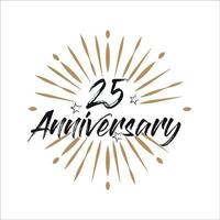 25 years anniversary retro vector emblem isolated template. Vintage logo with ribbon and fireworks on white background