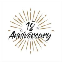 18 years anniversary retro vector emblem isolated template. Vintage logo with ribbon and fireworks on white background