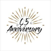 05 years anniversary retro vector emblem isolated template. Vintage logo with ribbon and fireworks on white background