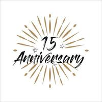 15 years anniversary retro vector emblem isolated template. Vintage logo with ribbon and fireworks on white background