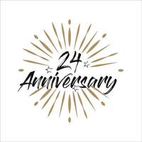 24 years anniversary retro vector emblem isolated template. Vintage logo with ribbon and fireworks on white background