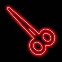 Red neon contour scissors on a black background. vector