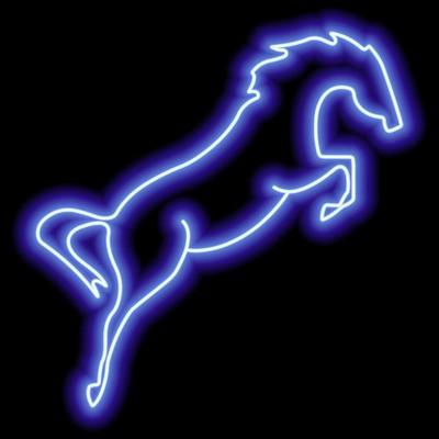 A rearing horse. Simple outline neon illustration. Blue silhouette
