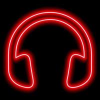 Red headphones. Neon outline on a black background. One object. Listen to music, play vector