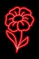 Neon red flower with petals and leaves on a black background. Simple illustration vector