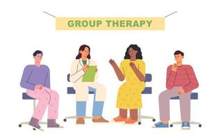 drug addiction treatment meeting. Doctor and people are sitting in chairs and talking. flat vector illustration.