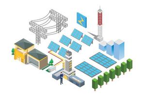 ilustración de tecnología de planta de energía solar eléctrica inteligente isométrica moderna en fondo blanco aislado con personas y activos digitales relacionados vector