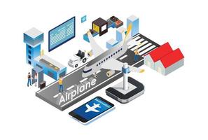 ilustración de tecnología de sistema de aeropuerto inteligente inteligente isométrica moderna en fondo blanco aislado con personas y activos digitales relacionados vector