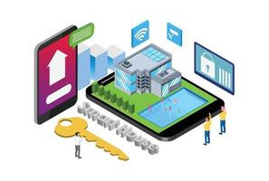 ilustración de tecnología de integración de internet de cosas de casa inteligente isométrica moderna en fondo blanco aislado con personas y activos digitales relacionados vector