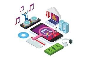 ilustración de tecnología de entretenimiento de música en línea isométrica moderna en fondo blanco aislado con personas y activos digitales relacionados vector