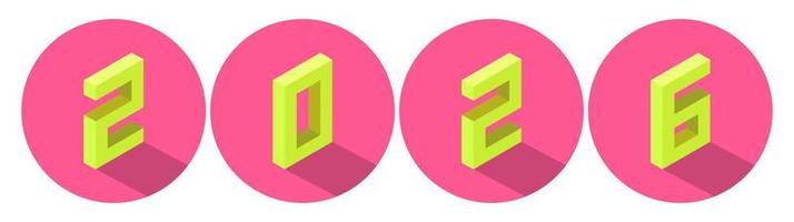 New Year yellow color 2026 in pink circle design. Isometric style. vector