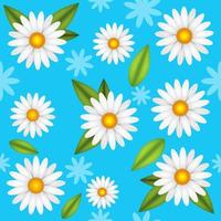 Chamomile flower realistic seamless vector illustration. Pattern white daisy blooming plants with green leaves on blue background.