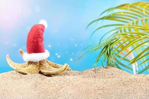 Orange starfish with Santa Claus' hat on beach, palm tree. Concept of Christmas, New Year in hot countries photo