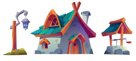 Forest village or dwarves valley house, objects vector