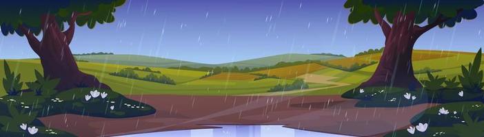 lluvia en campo con campos y árboles vector