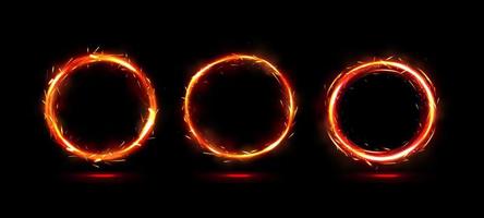 Fire rings, burning circle frames with sparks vector