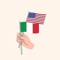 Cartoon Hand Holding United States And Italian Flags. US Italy Relationships. Concept of Diplomacy, Politics And Democratic Negotiations. Flat Design Isolated Vector
