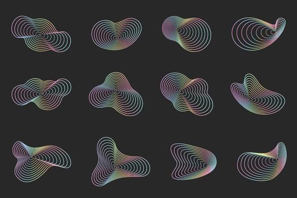 Abstract topography circles. Organic neon colored texture shapes. Vector outline holographic illustrations set.
