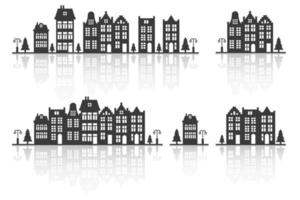 Silhouette of a row Amsterdam style houses. Facades of European old buildings with reflection. Vector