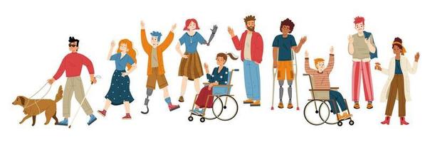 personas con diferentes discapacidades agitando la mano vector