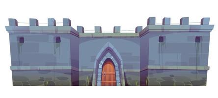 Medieval stone castle wall, wooden gate cartoon vector
