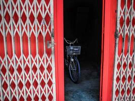 View of a hidden bicycle behind red security doors photo