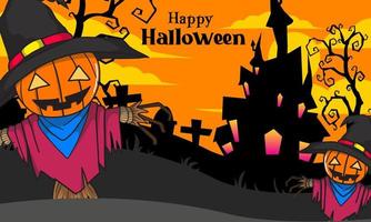 cartoon illustration design with a pumpkin-headed strawman theme wearing a witch hat vector