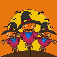 cartoon illustration design with a pumpkin-headed strawman theme wearing a witch hat vector