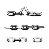 Broken chain with shatters as symbol of strength and miscommunication. Sketch of metal chains. Vector illustration