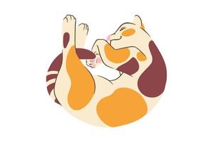 Lying calico cat in doodle style. Colored playful cat. Vector illustration