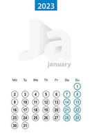 Calendar for January 2023, blue circle design. English language, week starts on Monday. vector