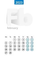 Calendar for February 2023, blue circle design. English language, week starts on Monday. vector