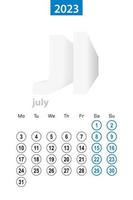 Calendar for July 2023, blue circle design. English language, week starts on Monday. vector