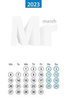 Calendar for March 2023, blue circle design. English language, week starts on Monday. vector