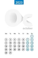 Calendar for October 2023, blue circle design. English language, week starts on Monday. vector