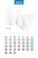 Calendar for May 2023, blue circle design. English language, week starts on Monday. vector