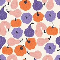 Seamless pattern of colorful hand drawn pumpkins on light background. Creative prints surface design. Playful graphic flat illustration for seasonal fall, autumn and Halloween holiday and celebration. vector