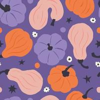 Seamless pattern of colorful hand drawn pumpkins on purple background. Creative prints surface design. Playful graphic flat illustration for seasonal fall, autumn and Halloween holiday