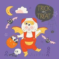 Trick or Treat greeting card template. Cute Pug in Halloween costume with pumpkin basket, skull, spider, bats and stars. Cute spooky dog cartoon flat illustration. Design for holiday greeting cards. vector