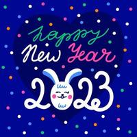 A New Year's poster, a card with lettering 2023 new year and a rabbit with ears and a rabbit face on a background of confetti vector