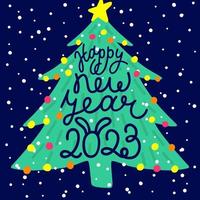 A postcard for the new year 2023 with a Christmas tree and lettering with a hare or rabbit with ears on a background of snowflakes and garland vector