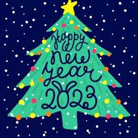 A postcard for the new year 2023 with a Christmas tree and lettering with a hare or rabbit with ears on a background of snowflakes and garland vector