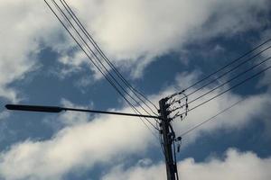 Modern electricity pole with lantern and power line cables. Blue sky and cloud as background. Concept of modern engineering knowledge for power transmission, connection, communication, and lighting photo