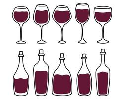 Set of bottles and glasses with red wine. Doodle style. Vector illustration. Wine collection in doodle style.