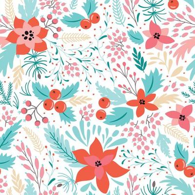 Floral Christmas pattern. Botanical seamless Christmas background with poinsettia, red berry, fir branch, Christmas star. Winter time repeated print, wallpaper, textile design. Vector illustration