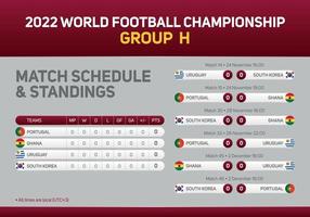 Cartel del calendario de partidos del grupo h del campeonato mundial de fútbol de qatar 2022 para la web impresa y las redes sociales. copa del mundo 2022 vector
