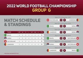 Cartel del calendario de partidos del grupo g del campeonato mundial de fútbol de qatar 2022 para la web impresa y las redes sociales. copa del mundo 2022 vector