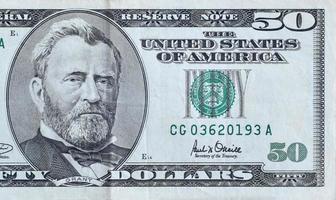 retrato del presidente estadounidense ulysses simpson grant en billete de 50 dólares primer fragmento de macro. billete de cincuenta dolares de estados unidos foto