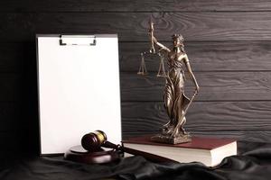 Lady justice or justitia the Roman goddess of Justice. Statue on brown book with judge gavel on blank paper background with copyspace. Concept of judicial trial, courtroom process and lawyers work photo